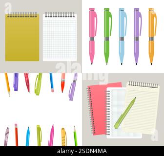 Set of four vector illustration with notebooks, pens and pencils. Stock Vector