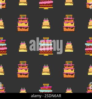 Seamless Pattern with colorful hearts, sweet cakes and pies. Vector illustration. Stock Vector