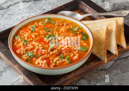 Hot stuffed pepper soup is a hearty meal loaded with ground beef, onions, rice and bell peppers in a tomato based broth closeup in the bowl on the tab Stock Photo