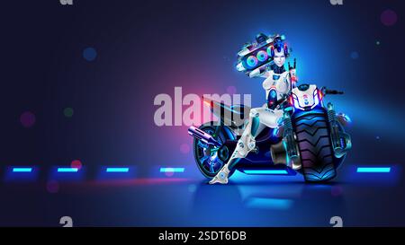 Beautiful robot woman with music recorder sits on motorcycle. Female cyborg motorcyclist in cyberpunk style sits on future motorcycle and listens to c Stock Vector