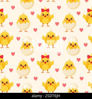 Pattern with cute yellow chickens Stock Vector