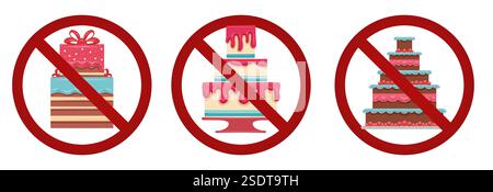 Vector collection with cakes in prohibition signs. Allergy danger. Sugar-free diet. Set of sweets in forbidden signs isolated from background. Stock Vector
