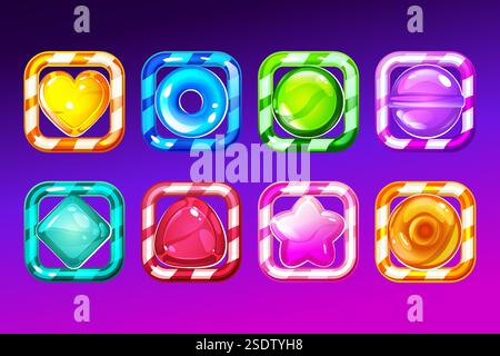 Set of candy app icons, game ui square buttons, cartoon lollipop menu interface, colorful blocks with stripes. Gui graphic design elements for user Stock Vector