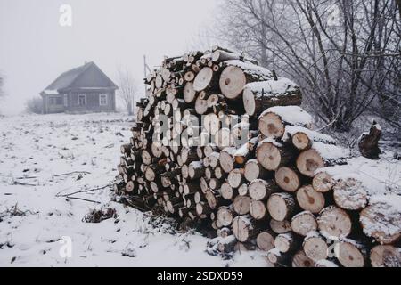 Snow-covered firewood stacked in the foreground with a cabin in the misty background Stock Photo