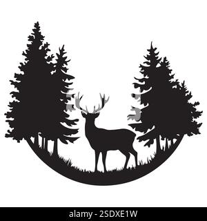 Silhouette of a Deer in a Pine Forest on a white background Stock Vector