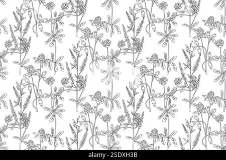 Line art botanical abstract seamless plant pattern with Clover wildflowers vector illustration. Black and white outline repeating floral background. G Stock Vector