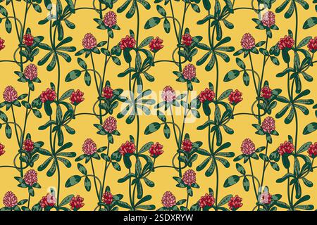 Botanical abstract plant seamless pattern with wildflowers Clovers vector illustration. Repeating retro floral pattern in yellow color background. Gra Stock Vector
