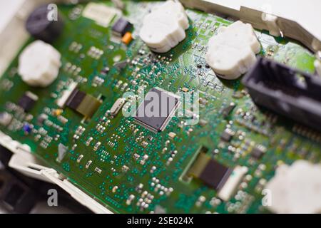 Background real photo microcircuit technical device, car speedometer view from the inside Stock Photo