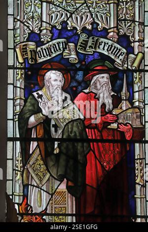Stained glass window by Percy Bacon & Brothers depicting Saints Polycarp and Jerome, Bude Haven Church, Cornwall Stock Photo