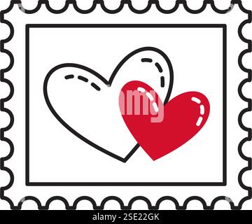 Postage stamp with Two hearts doodle style. Hand drawn trendy flat style love isolated icon. Romantic symbol of love for web graphic design poster tattoo Valentines card line art Vector illustration Stock Vector
