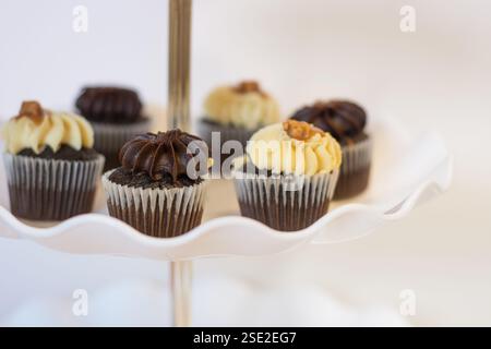 Chocolate and lemon cupcakes on a traditional cake stand for Easter and afternoon tea; concept for teatime, Birthdays and Mother's Day. Stock Photo