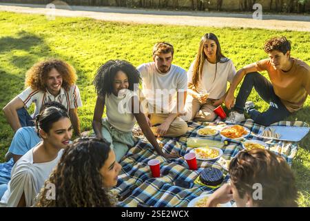Multi-ethnic friends enjoying nature sitting on picnic blanket drinking beverages and eating snacks during picnic in a park Stock Photo