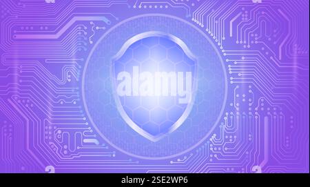 A shining shield logo in the center of a circle on a purple circuit board background, symbolizing data security Stock Vector