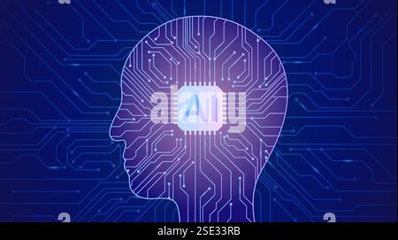 Abstract technology image of artificial intelligence AI chip in the outline of human brain Stock Vector