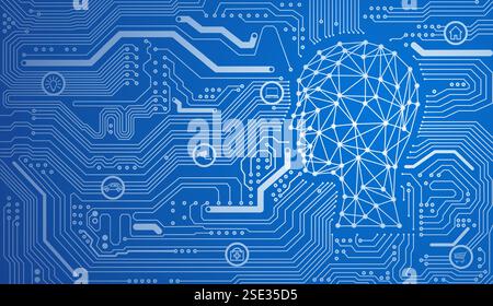 A profile picture of a person connected by dots and lines on a blue circuit board background, symbolizing the Internet of Things or artificial intelli Stock Vector