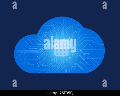 A cloud-shaped circuit board with a chip in the center symbolizing cloud computing Stock Vector