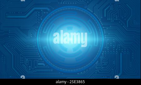 On a blue circuit board background, a glowing circular technology pattern is in the center Stock Vector