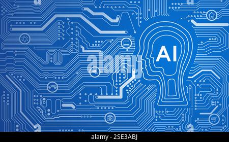 AI logo in the silhouette of a human head on a blue circuit board background Stock Vector