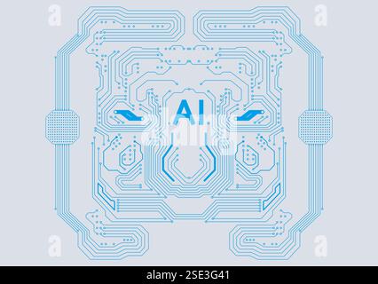 Blue circuit board pattern and AI word on light grey background Stock Vector