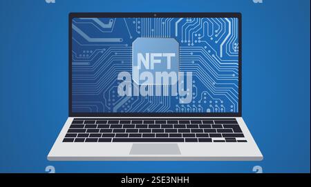 Laptop with NFT and circuit board displayed on screen Stock Vector