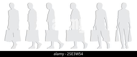 Vector concept conceptual gray paper cut silhouette of a woman holding shopping bags  from different perspectives isolated on white. Stock Vector