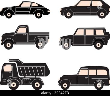 set of car silhouettes in doodle style isolated, vector Stock Vector