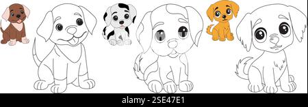 dog, puppy coloring book set on white background, vector Stock Vector