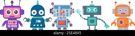 robots, androids set, collection in doodle style isolated vector Stock Vector