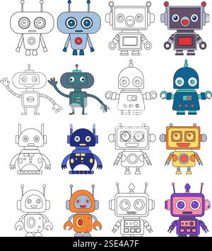 robots, androids coloring book set on white background, vector Stock Vector