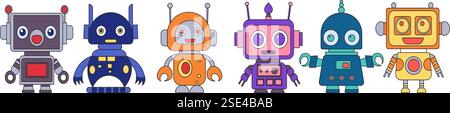robots, androids set in doodle style set on white background, vector Stock Vector