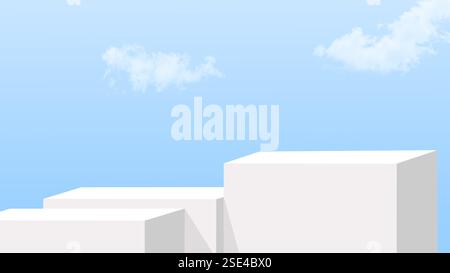 White podium for product display and advertising horizontal on blue sky with white cloud, 3d model display stand for product presentation for sale, Sk Stock Photo