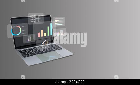 Data and management analysis system with KPIs and indicators connected to databases for finance, Laptop computer on white background and dashboard for Stock Photo
