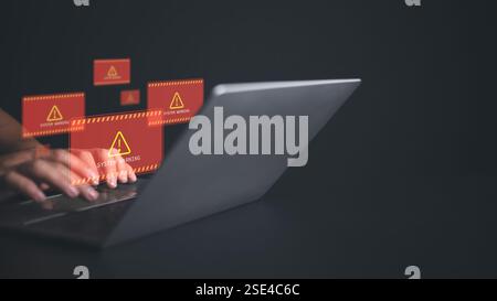 System warning sign for notification, Cyber attack on computer network, System hacked alert due to cyber attack on computer network, Data Protection, Stock Photo
