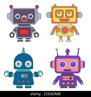robots, androids in doodle style set on white background, vector Stock Vector
