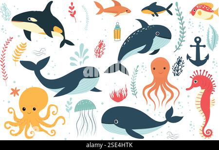 whales, killer whale, fish, octopus set, collection in doodle style isolated vector Stock Vector