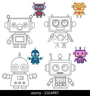 robot set, android childrens coloring book, isolated, vector Stock Vector