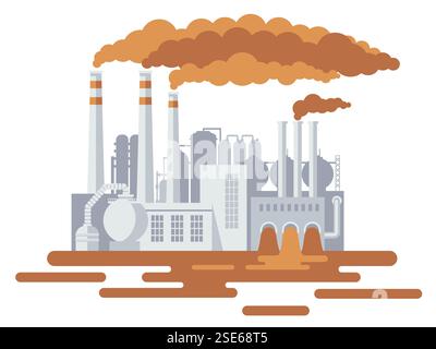 Industrial factory with multiple smokestacks releasing thick clouds of smoke. Concept of environmental protection from harmful emissions from factorie Stock Vector