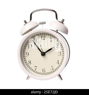 One alarm clock in air isolated on white Stock Photo