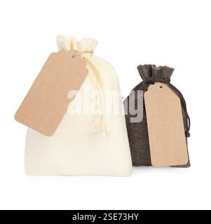 Burlap bags with tags isolated on white Stock Photo