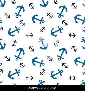 Seamless nautical pattern with blue and black anchors on white Background Stock Vector