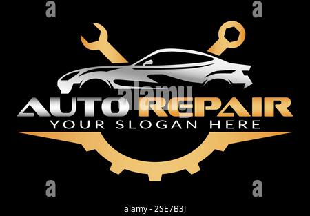Features a wrench and gear motif, symbolizing automotive maintenance and expertise. Ideal for branding, workshops, and service businesses. Clean and m Stock Vector