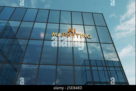 AI marketing glass building concept. Artificial intelligence algorithm trade symbol on front facade 3d illustration. Stock Photo