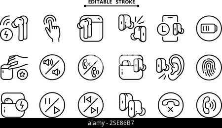 Wireless earbud line icons set. Editable stroke. Vector flat icon for web design isolated on white background. Stock Vector