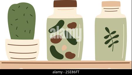 Canned food and cactus on shelf in a row. Meal preserved in a glass jar from supermarket or farmer market in zero-waste packaging for eco-friendly des Stock Vector