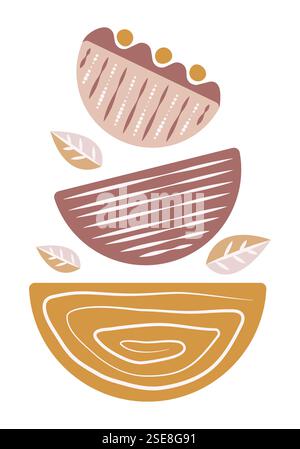 Three semicircle abstract tower, boho poster with geometric shapes, bohemian color vector illustration Stock Vector