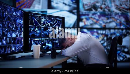 Security System CCTV Camera Operator Using Computer Monitor Stock Photo