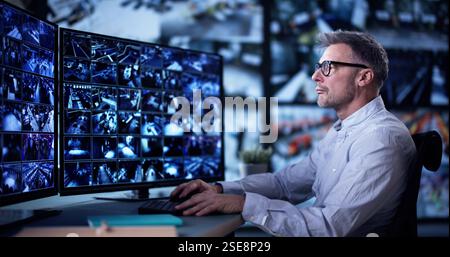 CCTV Security Camera Surveillance Using Multiple Monitors Stock Photo