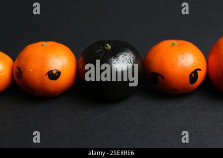 Stop racism. One black tangerine among orange ones on black background, closeup Stock Photo
