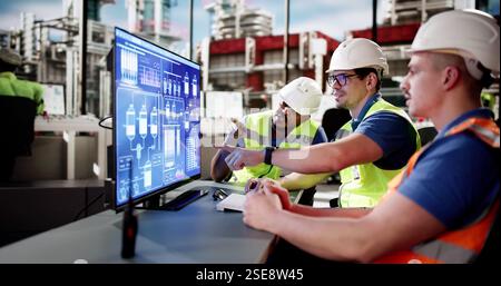 African-American engineer monitors screens at industrial oil refinery plant. Stock Photo