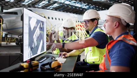 Diverse group of technicians repair air engines at hangar. Developing aircraft using CAD for aerospace manufacturing business. Stock Photo
